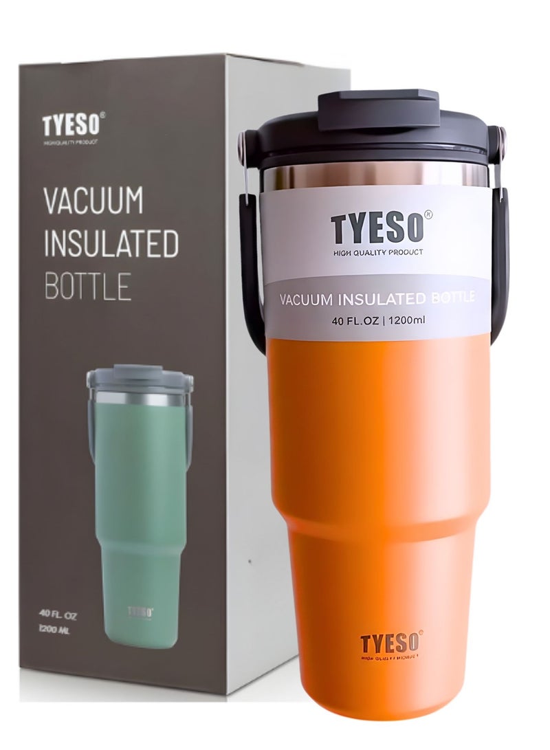 TYESO 1200ml Vacuum Insulated Tumbler 40oz Stainless Steel Travel Mug with Handle & Lid – Double Wall Thermal Water Bottle for Hot & Cold Drinks, Leakproof Large Capacity Cup – Orange - Image 1